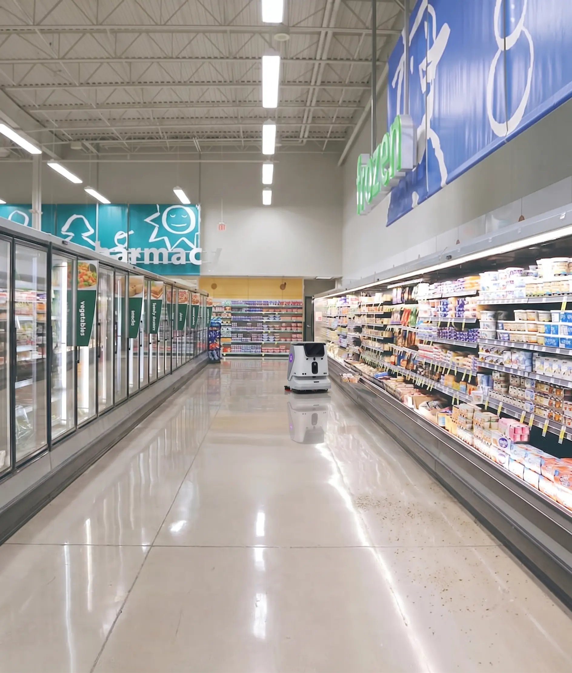 Autonomous floor scrubber cleaning a retail aisle during store hours