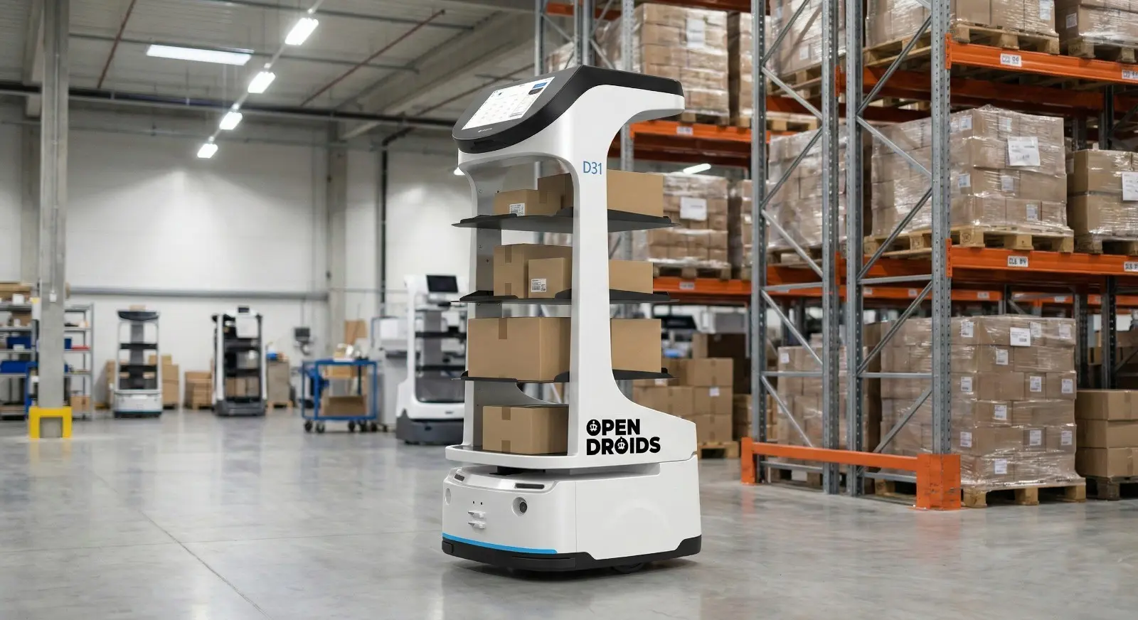 OpenDroids picking AMR at a racking aisle with a worker scanning an item from the robot tote