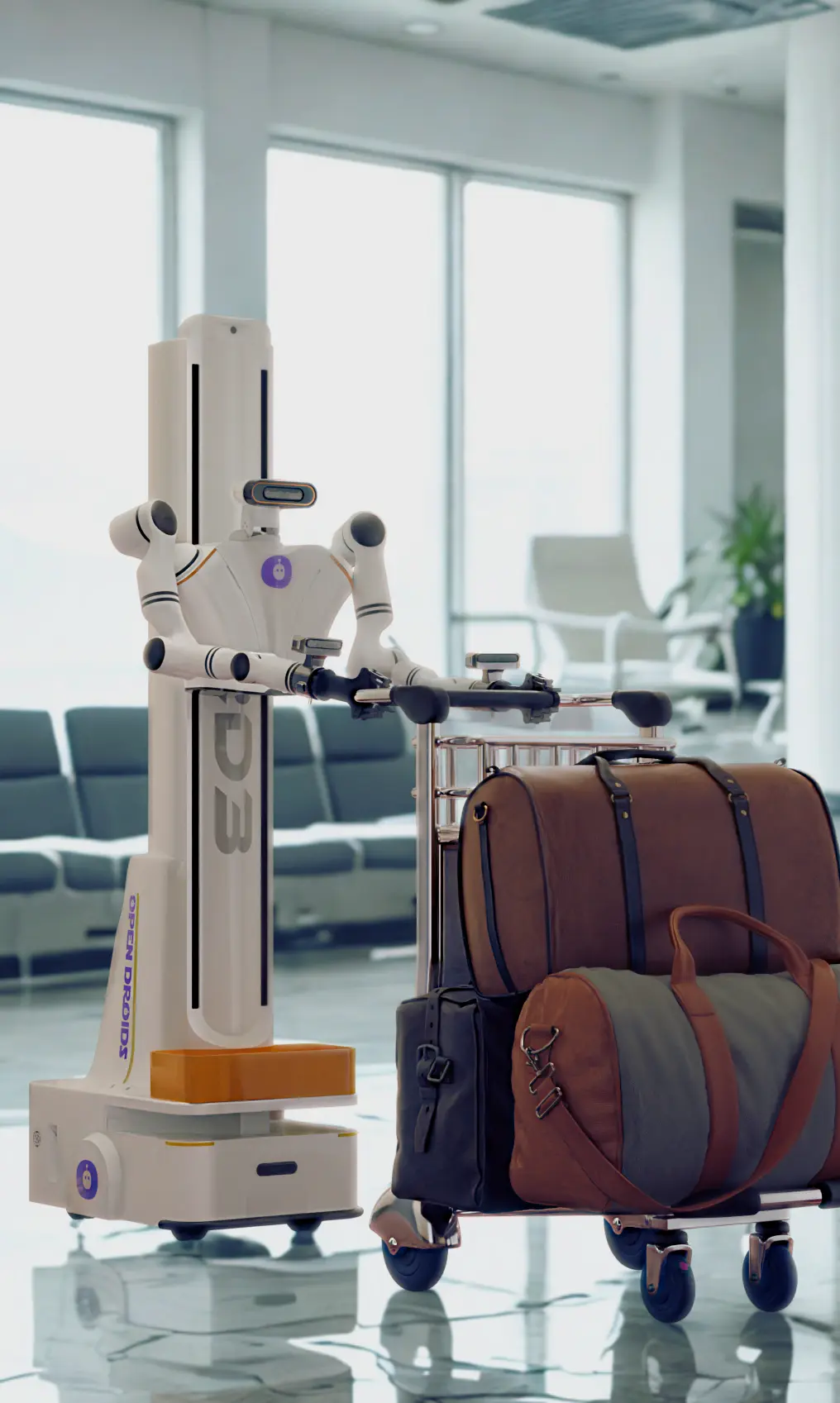 Airport robots performing automated cleaning and passenger assistance in modern airport terminal